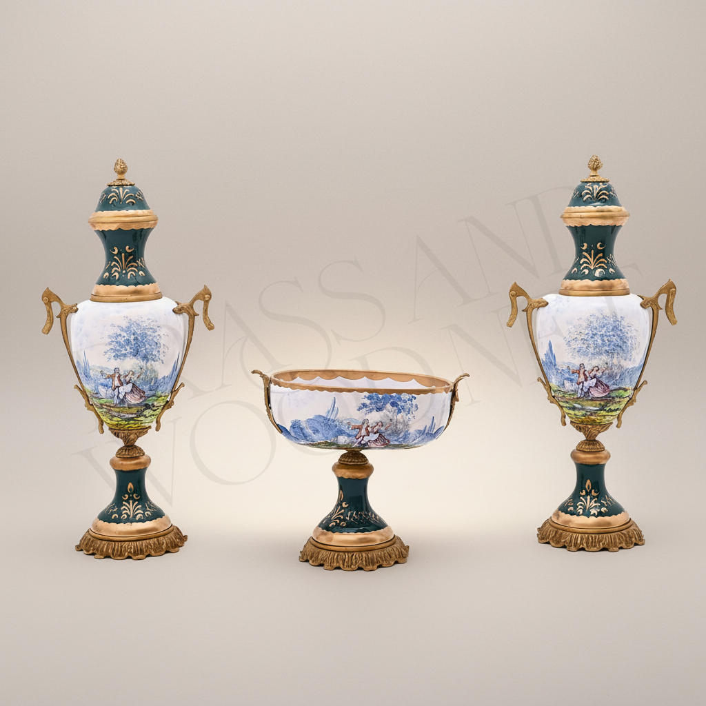 Sèvres-Style Ceramic & Brass Vase Set - Galant Scene Teal & White Hand-Painted Urn with Centrepiece — Antique Gold