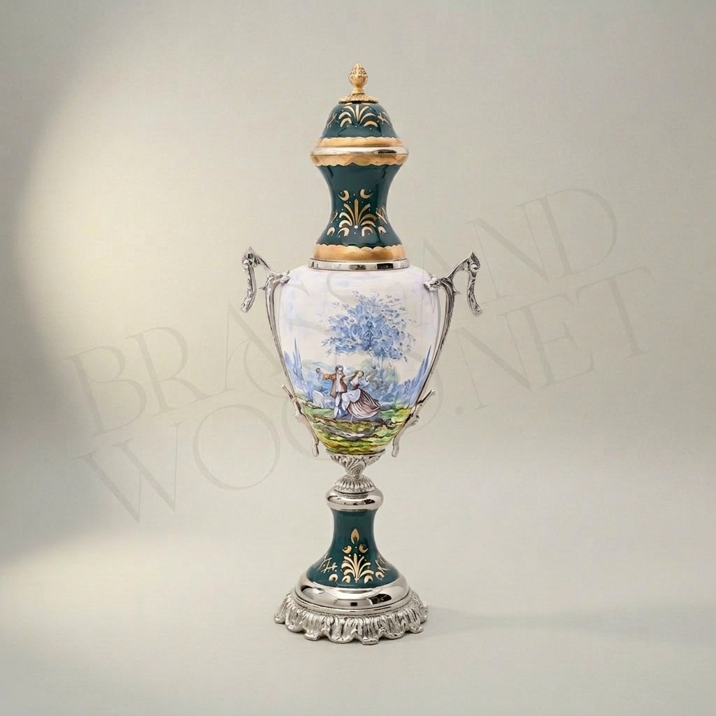 Sèvres-Style Ceramic & Brass Vase Set - Galant Scene Teal & White Hand-Painted Urn with Centrepiece — Silver