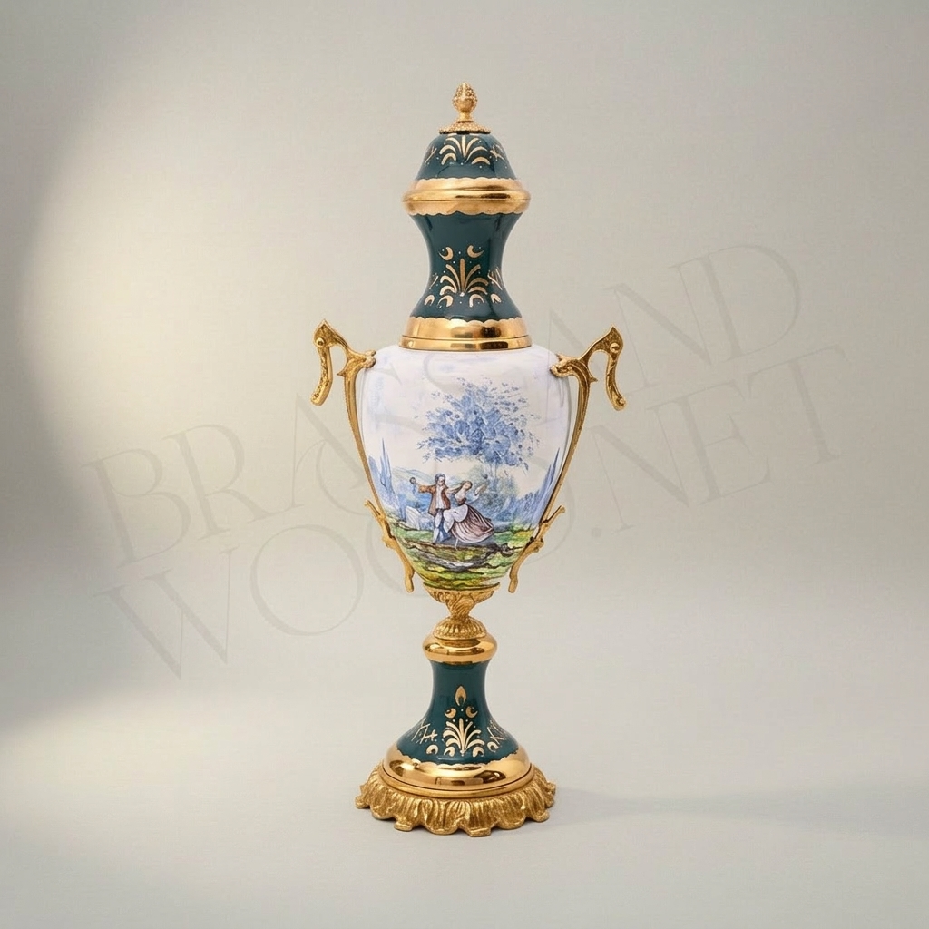 Sèvres-Style Ceramic & Brass Vase Set - Galant Scene Teal & White Hand-Painted Urn with Centrepiece