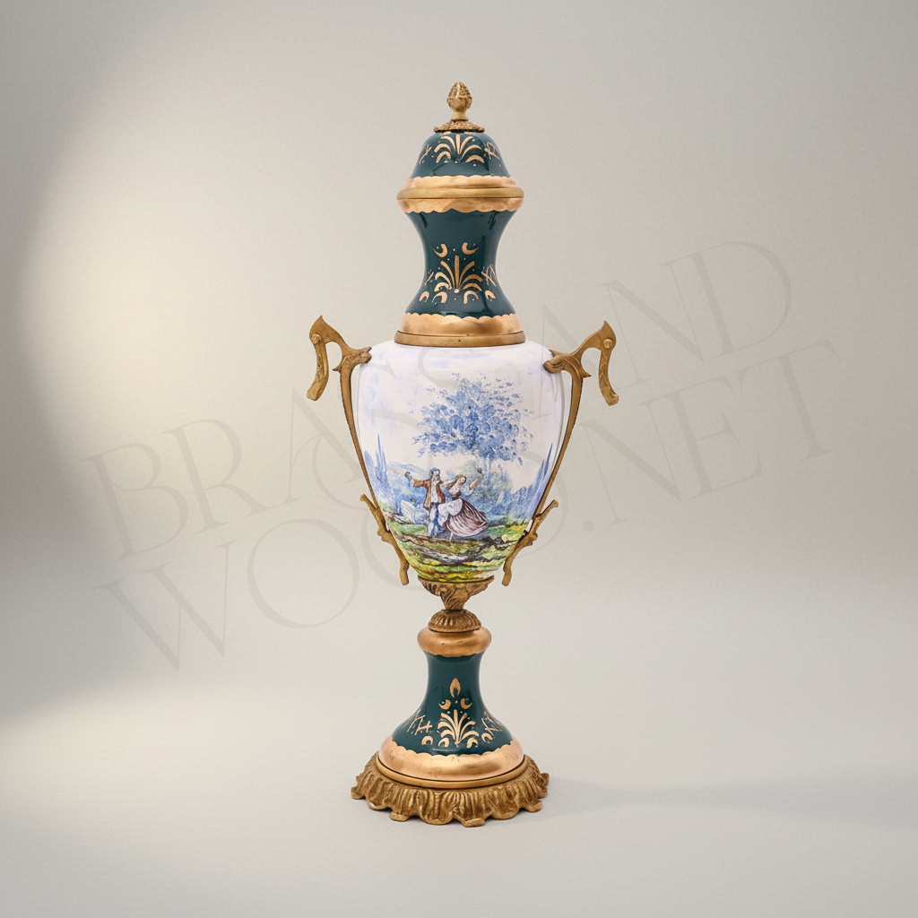 Sèvres-Style Ceramic & Brass Vase Set - Galant Scene Teal & White Hand-Painted Urn with Centrepiece — Antique Gold