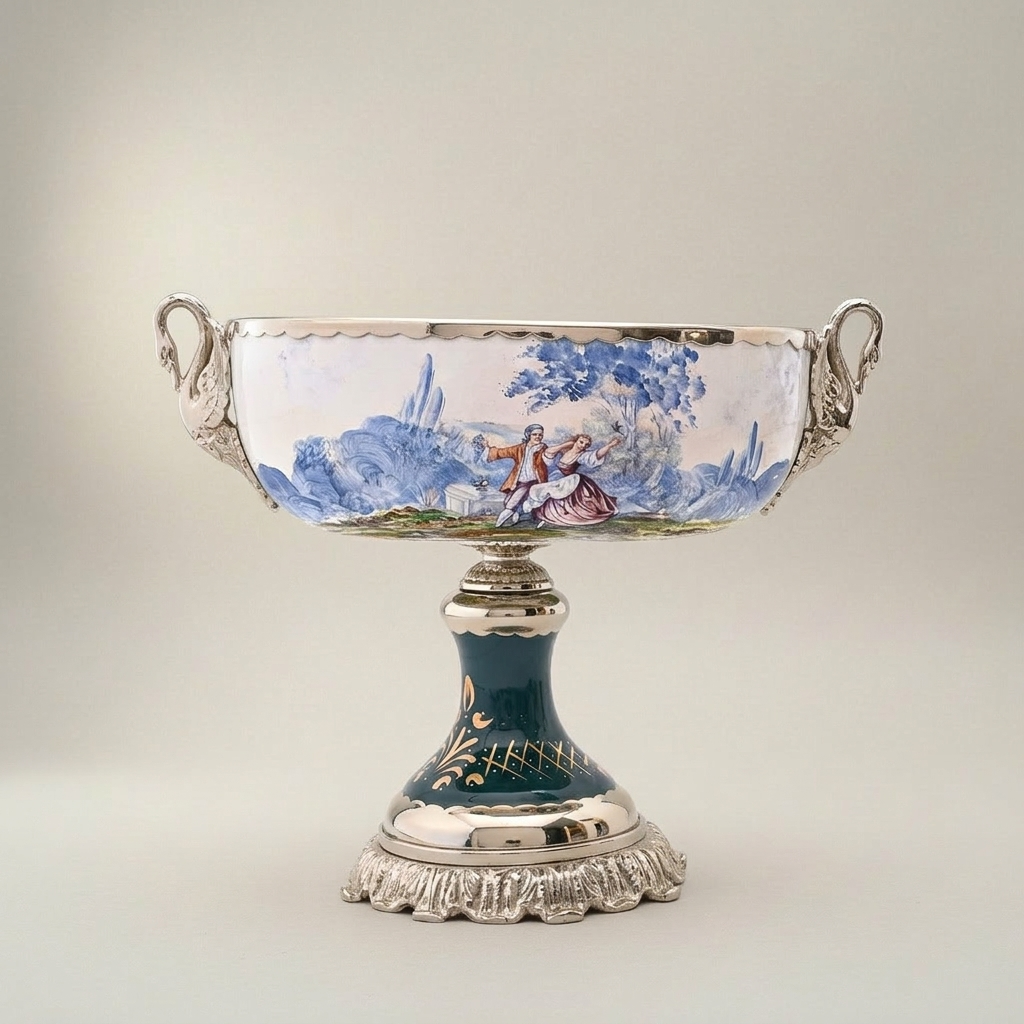 Sèvres-Style Ceramic & Brass Vase Set - Galant Scene Teal & White Hand-Painted Urn with Centrepiece — Silver