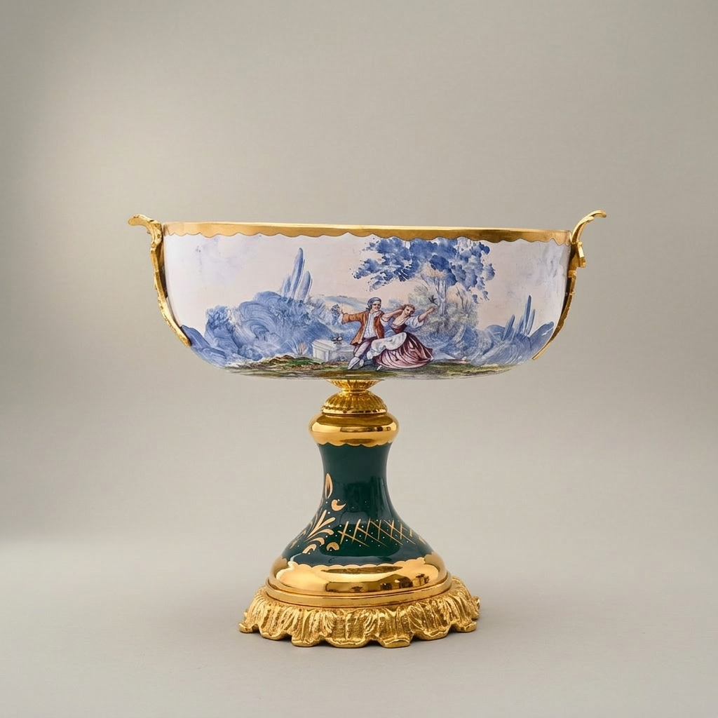 Sèvres-Style Ceramic & Brass Vase Set - Galant Scene Teal & White Hand-Painted Urn with Centrepiece