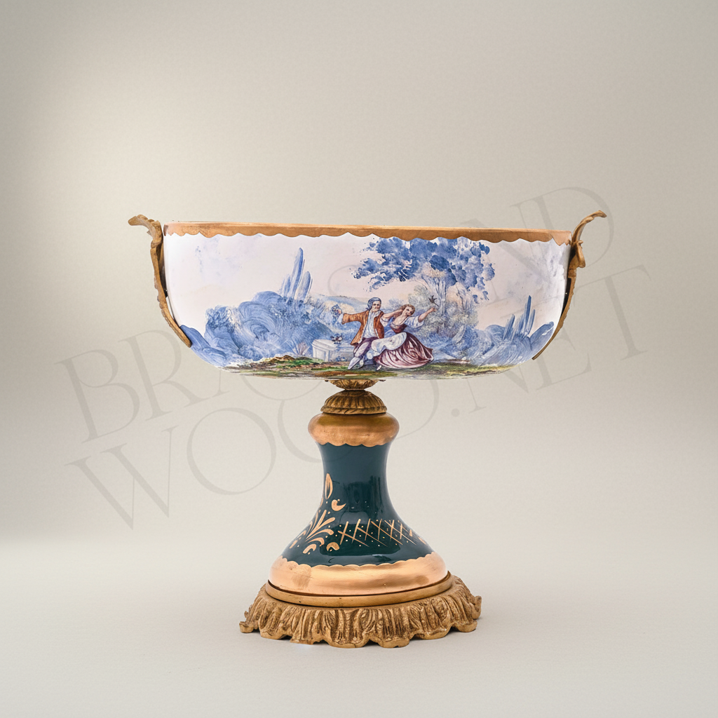 Sèvres-Style Ceramic & Brass Vase Set - Galant Scene Teal & White Hand-Painted Urn with Centrepiece — Antique Gold