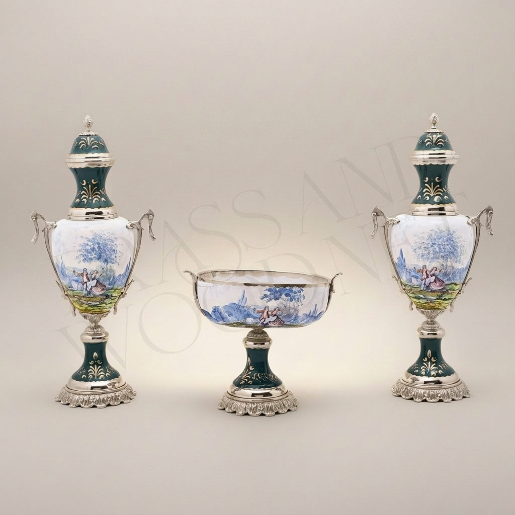 Sèvres-Style Ceramic & Brass Vase Set - Galant Scene Teal & White Hand-Painted Urn with Centrepiece — Silver
