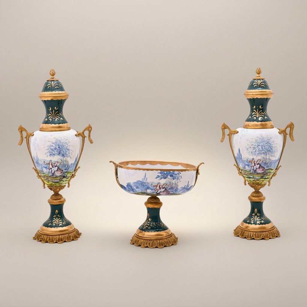 Sèvres-Style Ceramic & Brass Vase Set - Galant Scene Teal & White Hand-Painted Urn with Centrepiece