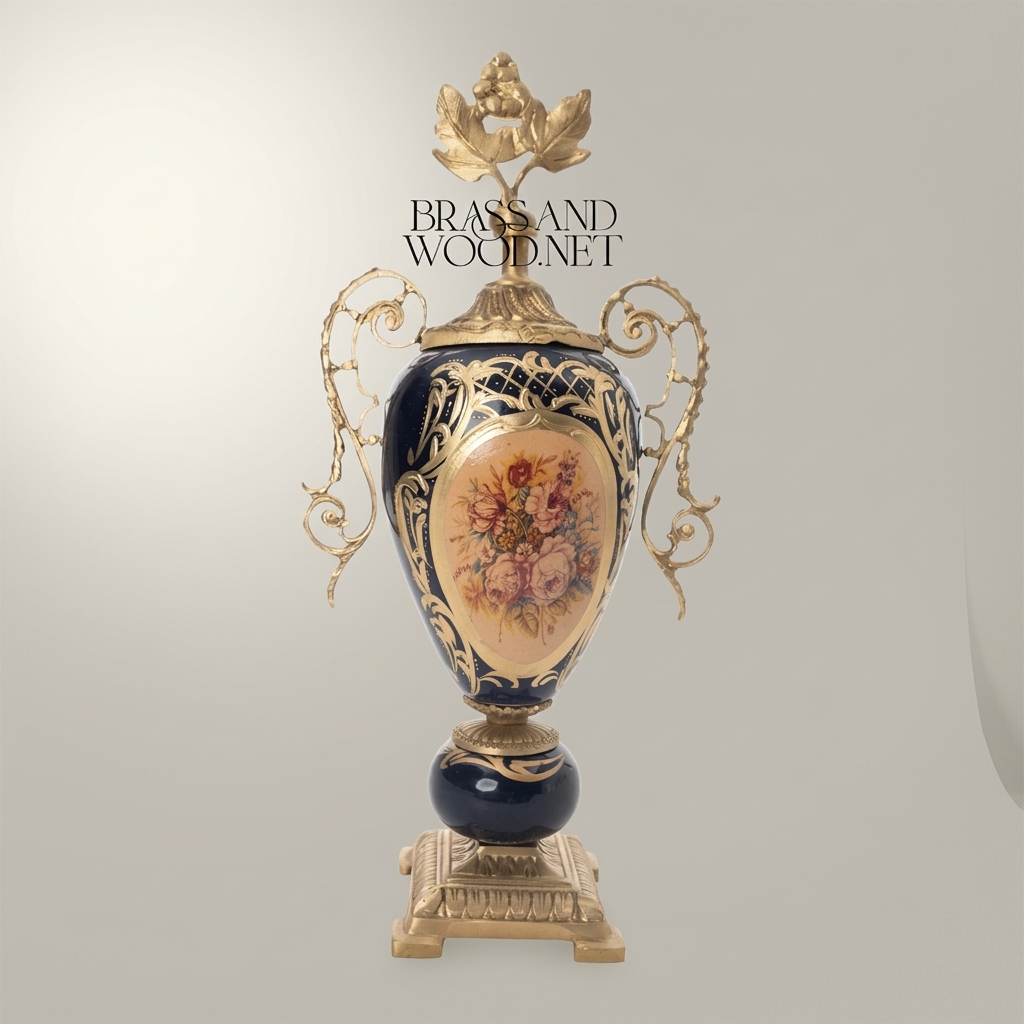 Sèvres-Style Cobalt Ceramic Lidded Urn Vase with Brass Scrollwork Handles & Floral Medallion — Antique Gold