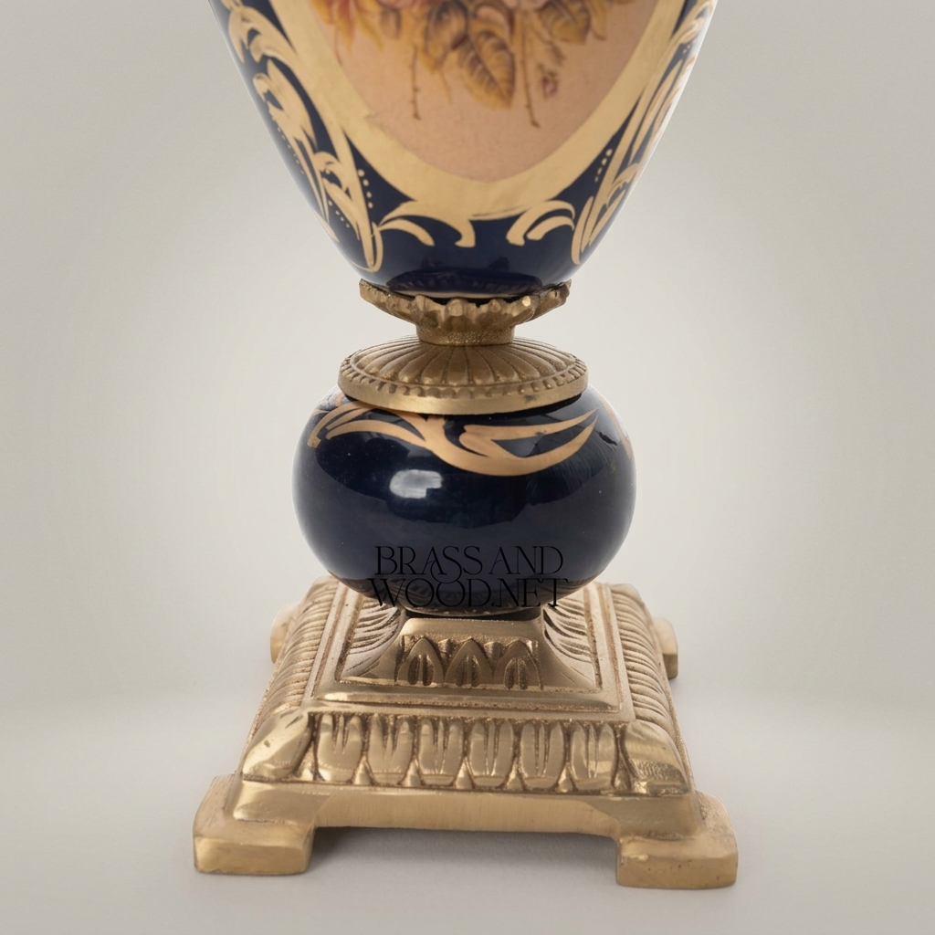 Sèvres-Style Cobalt Ceramic Lidded Urn Vase with Brass Scrollwork Handles & Floral Medallion — Antique Gold