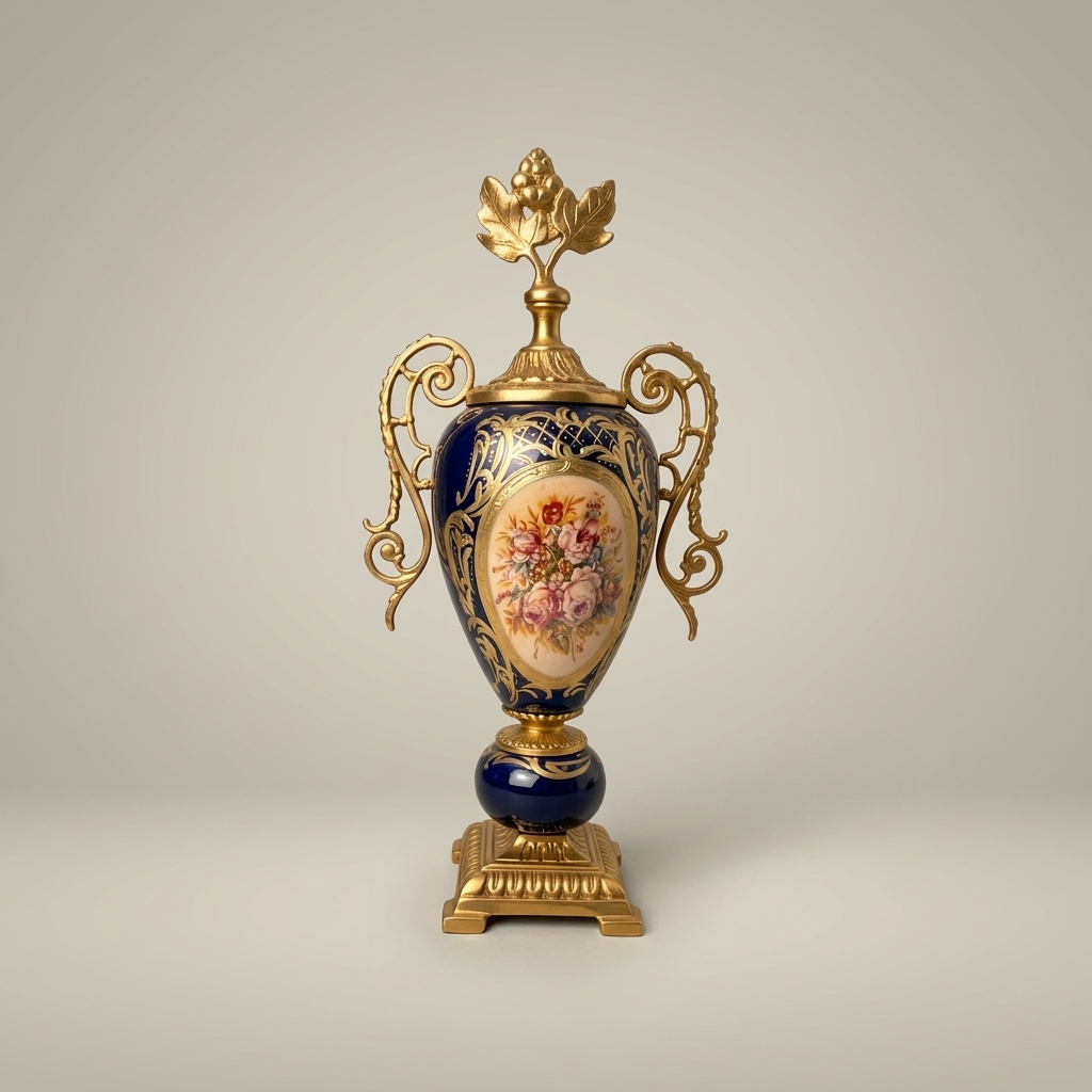 Sèvres-Style Cobalt Ceramic Lidded Urn Vase with Brass Scrollwork Handles & Floral Medallion — Gold