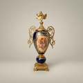 Sèvres-Style Cobalt Ceramic Lidded Urn Vase with Brass Scrollwork Handles & Floral Medallion — Gold