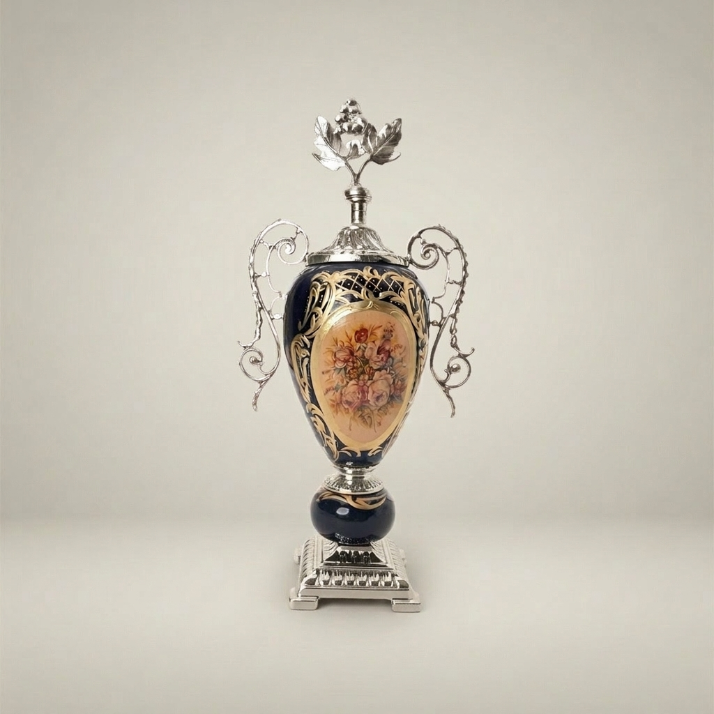 Sèvres-Style Cobalt Ceramic Lidded Urn Vase with Brass Scrollwork Handles & Floral Medallion — Silver