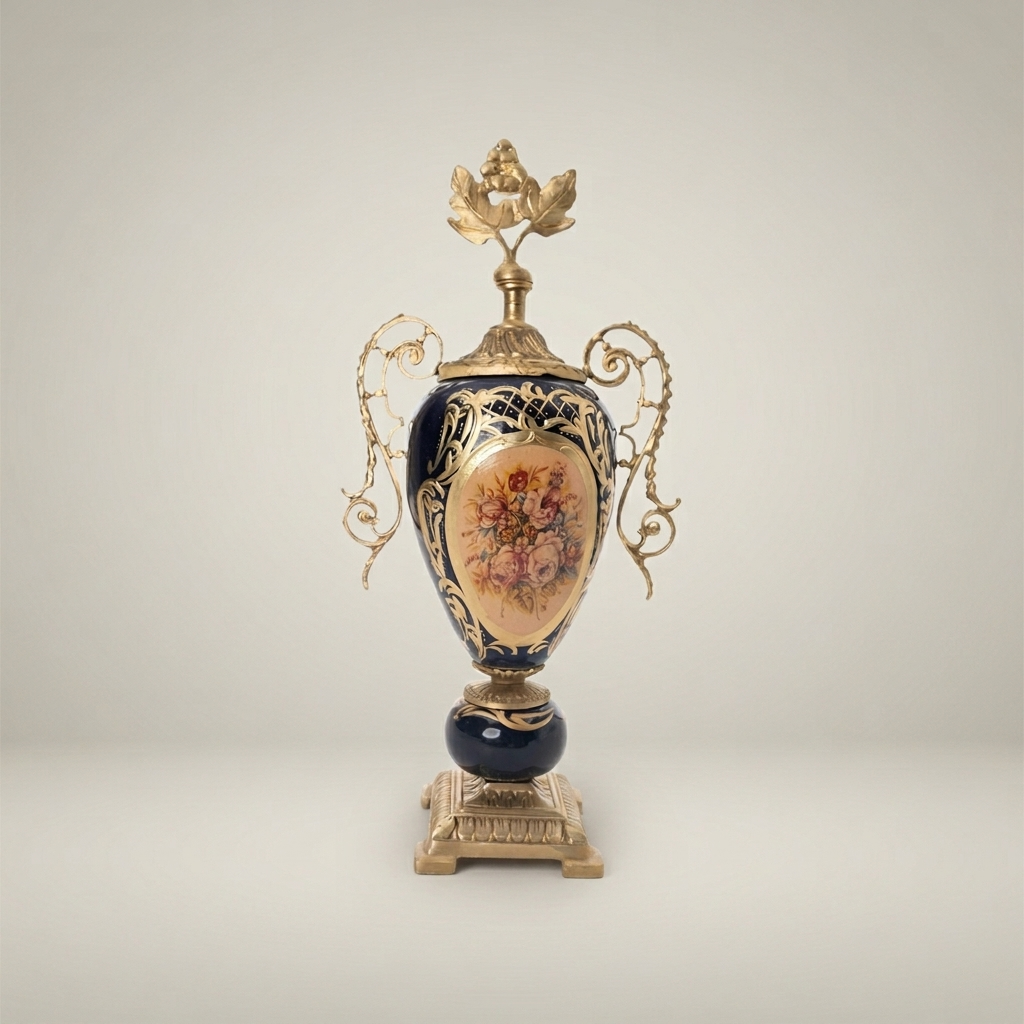 Sèvres-Style Cobalt Ceramic Lidded Urn Vase with Brass Scrollwork Handles & Floral Medallion — Antique Gold