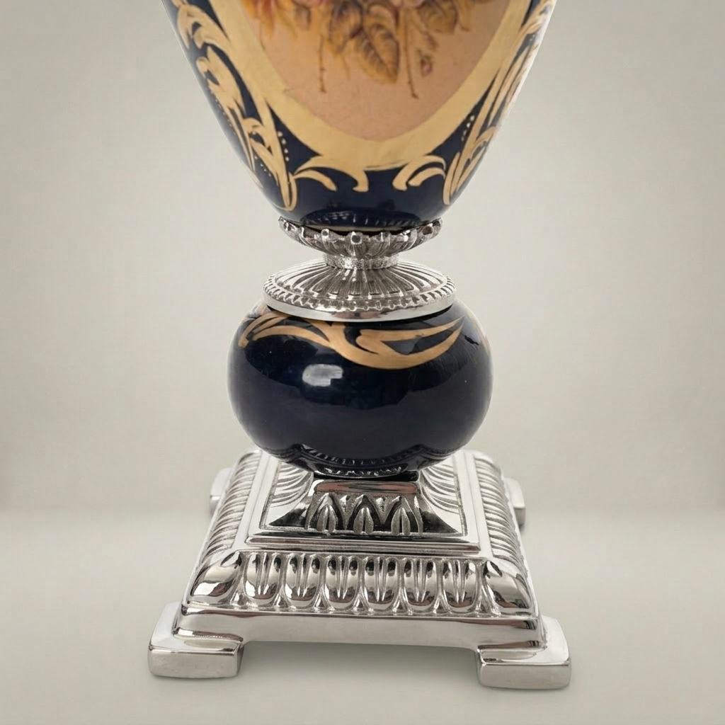 Sèvres-Style Cobalt Ceramic Lidded Urn Vase with Brass Scrollwork Handles & Floral Medallion — Silver