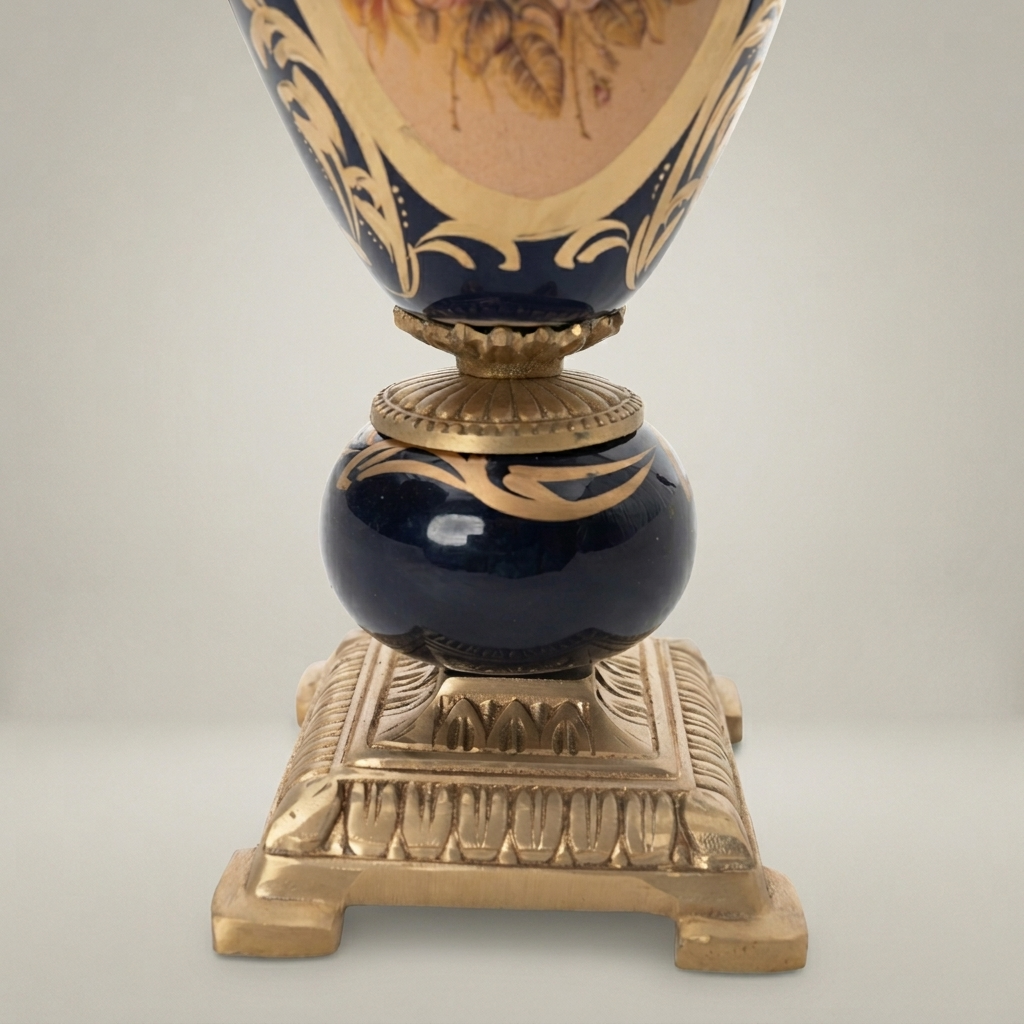 Sèvres-Style Cobalt Ceramic Lidded Urn Vase with Brass Scrollwork Handles & Floral Medallion — Antique Gold