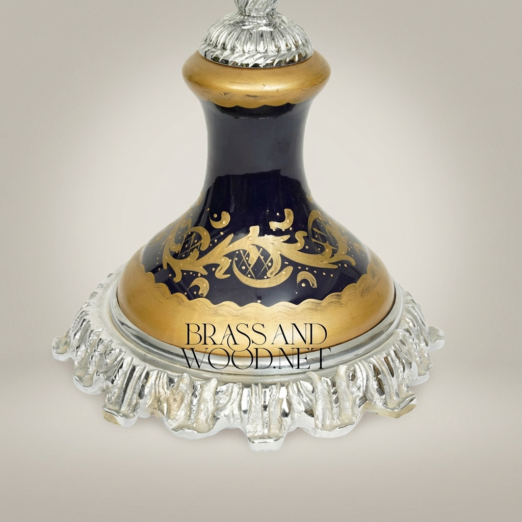 Sèvres-Style Cobalt Ceramic Covered Urn Vase with Hand-Painted Floral Medallion — Silver