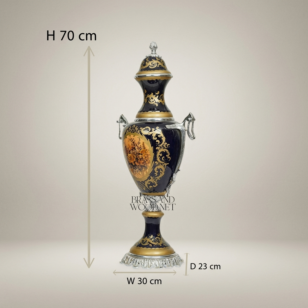 Sèvres-Style Cobalt Ceramic Covered Urn Vase with Hand-Painted Floral Medallion — Silver
