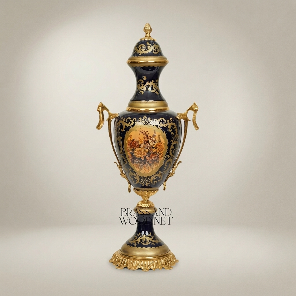 Sèvres-Style Cobalt Ceramic Covered Urn Vase with Hand-Painted Floral Medallion — Gold