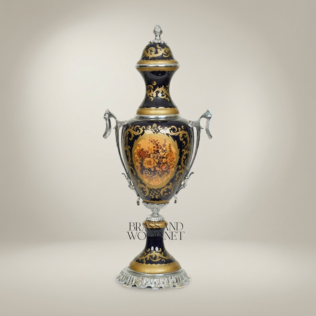 Sèvres-Style Cobalt Ceramic Covered Urn Vase with Hand-Painted Floral Medallion — Silver