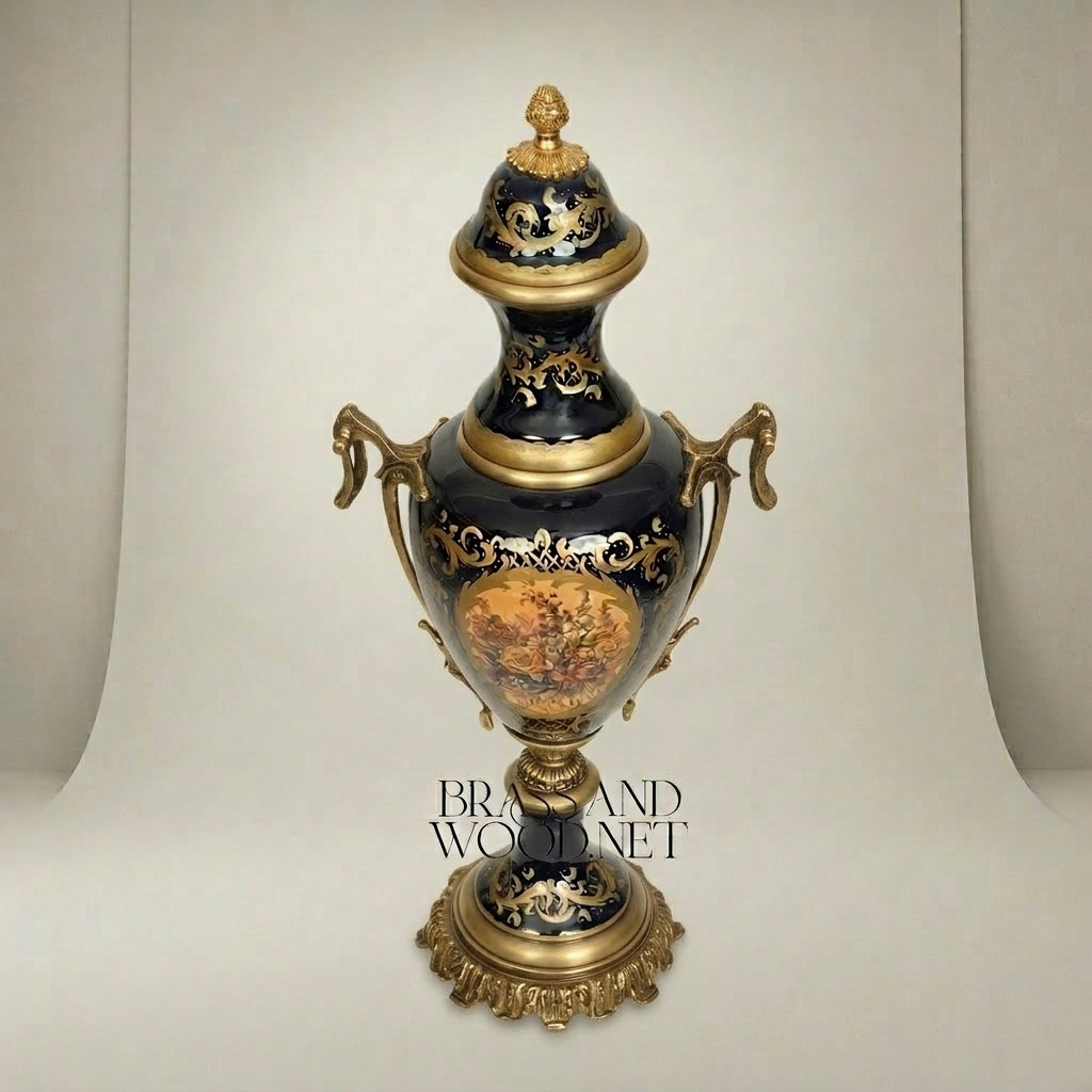 Sèvres-Style Cobalt Ceramic Covered Urn Vase with Hand-Painted Floral Medallion — Antique Gold