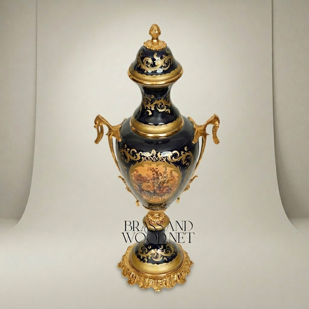 Sèvres-Style Cobalt Ceramic Covered Urn Vase with Hand-Painted Floral Medallion — Gold