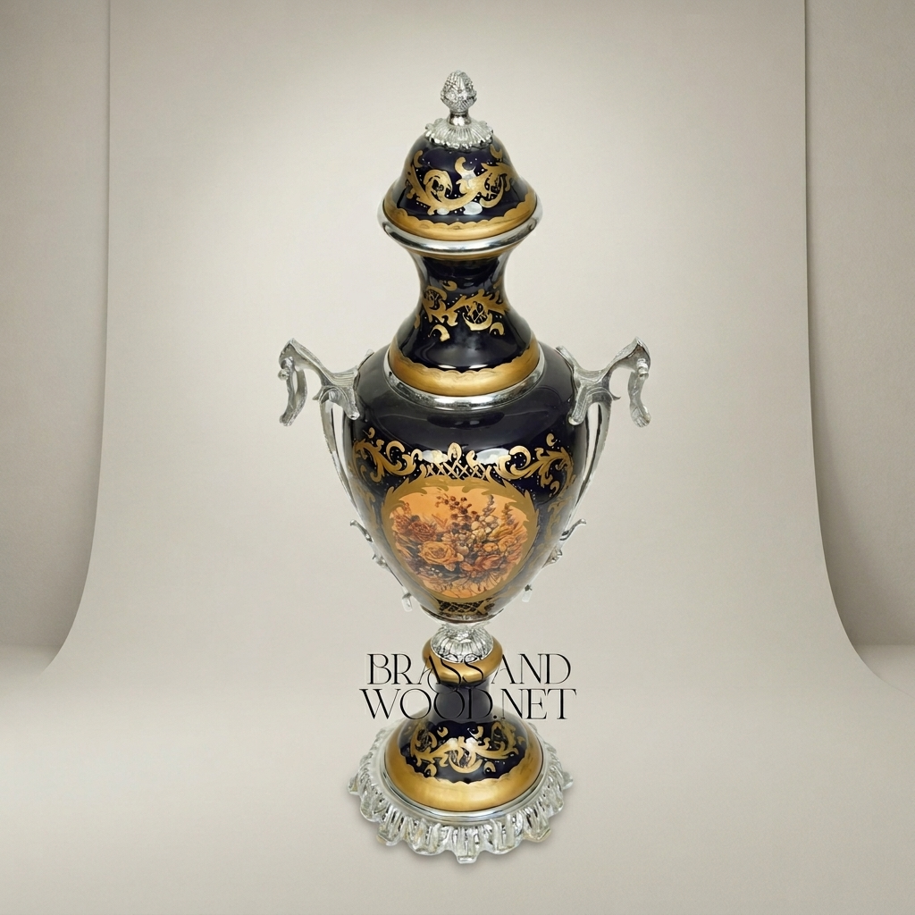 Sèvres-Style Cobalt Ceramic Covered Urn Vase with Hand-Painted Floral Medallion — Silver