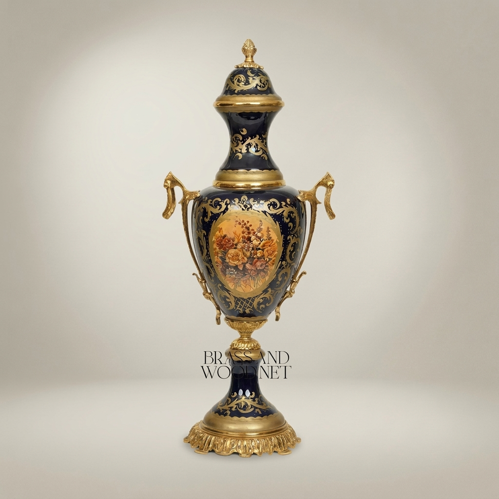 Sèvres-Style Cobalt Ceramic Covered Urn Vase with Hand-Painted Floral Medallion — Antique Gold