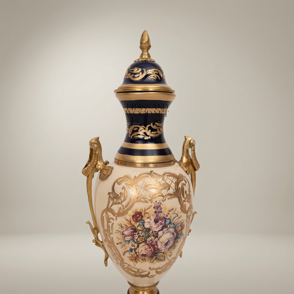Sèvres-Style Cobalt & Ceramic Lidded Urn Vase with Brass Mounts & Hand-Painted Floral Cartouche — Antique Gold