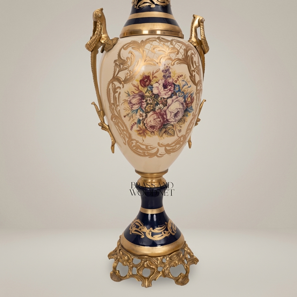 Sèvres-Style Cobalt & Ceramic Lidded Urn Vase with Brass Mounts & Hand-Painted Floral Cartouche — Antique Gold