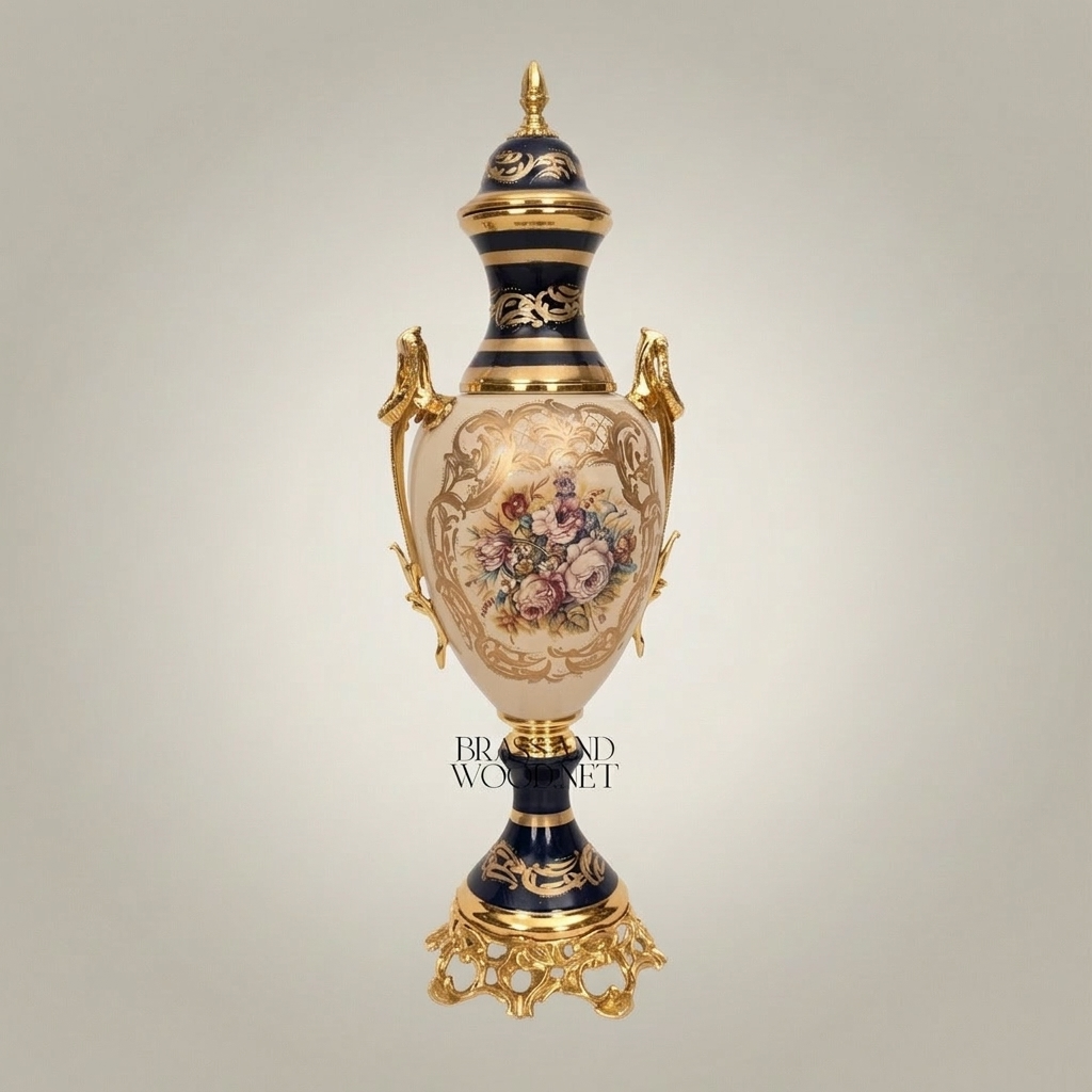 Sèvres-Style Cobalt & Ceramic Lidded Urn Vase with Brass Mounts & Hand-Painted Floral Cartouche