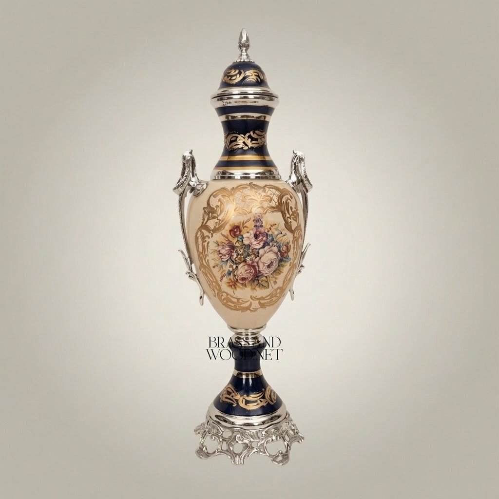 Sèvres-Style Cobalt & Ceramic Lidded Urn Vase with Brass Mounts & Hand-Painted Floral Cartouche — Silver