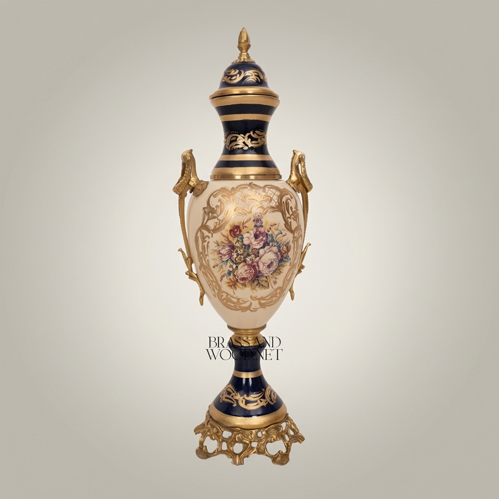 Sèvres-Style Cobalt & Ceramic Lidded Urn Vase with Brass Mounts & Hand-Painted Floral Cartouche — Antique Gold