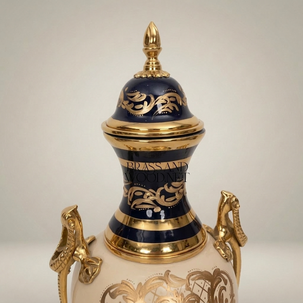 Sèvres-Style Cobalt & Ceramic Lidded Urn Vase with Brass Mounts & Hand-Painted Floral Cartouche — Gold