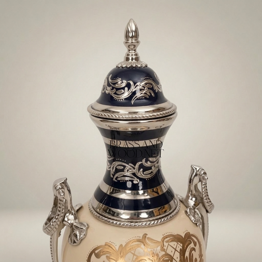 Sèvres-Style Cobalt & Ceramic Lidded Urn Vase with Brass Mounts & Hand-Painted Floral Cartouche — Silver