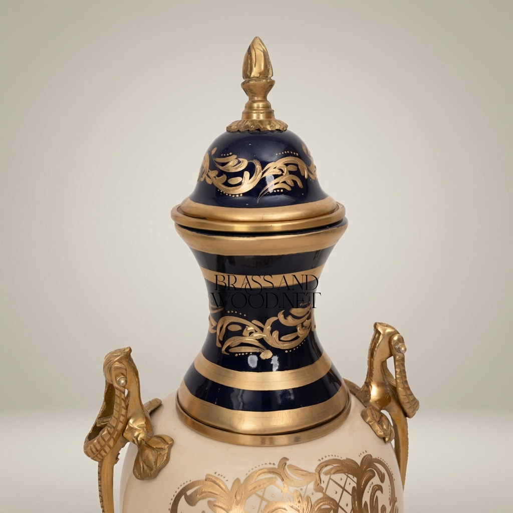 Sèvres-Style Cobalt & Ceramic Lidded Urn Vase with Brass Mounts & Hand-Painted Floral Cartouche — Antique Gold