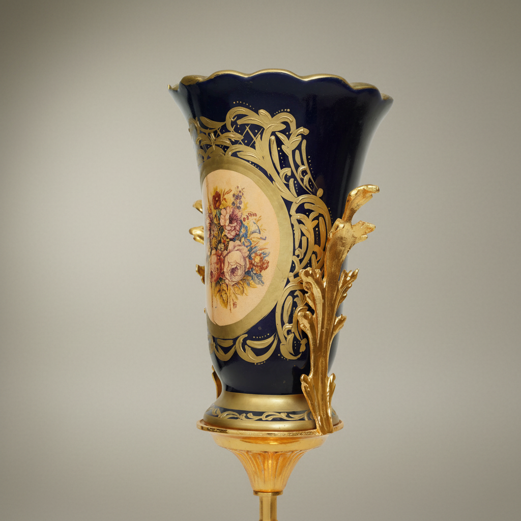 Sèvres-Style Cobalt Ceramic Trophy Vase with Gilt Brass Acanthus Mounts — Gold