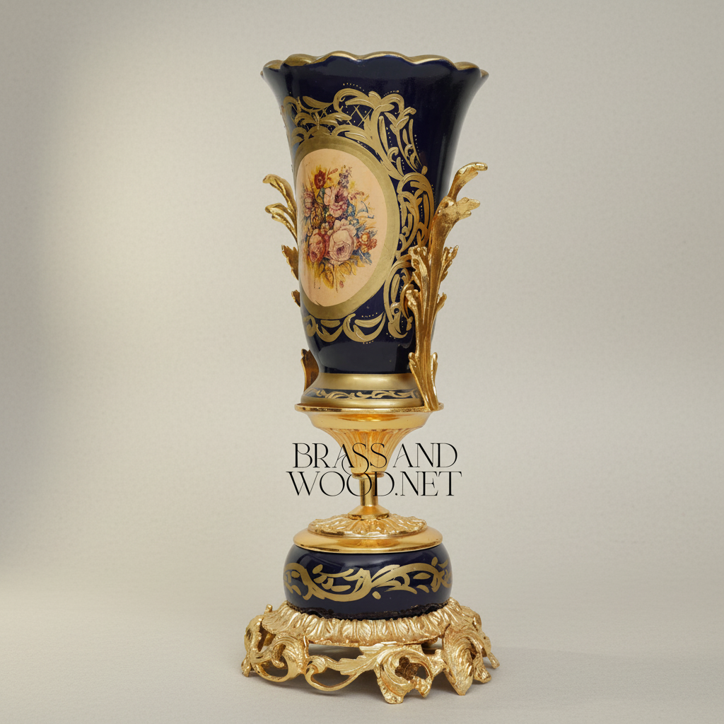 Sèvres-Style Cobalt Ceramic Trophy Vase with Gilt Brass Acanthus Mounts — Gold