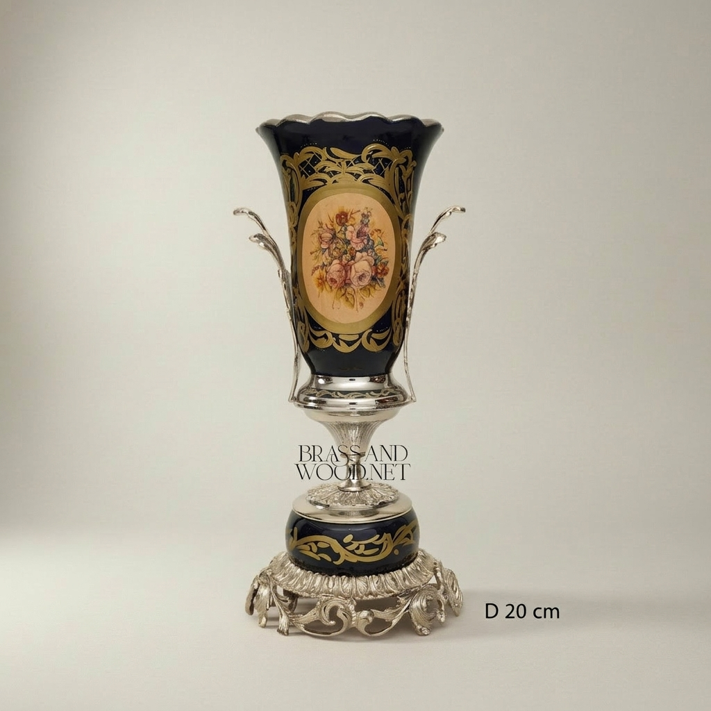 Sèvres-Style Cobalt Ceramic Trophy Vase with Gilt Brass Acanthus Mounts — Silver