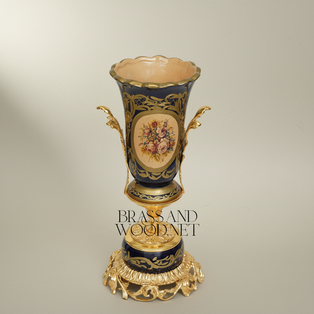 Sèvres-Style Cobalt Ceramic Trophy Vase with Gilt Brass Acanthus Mounts — Gold