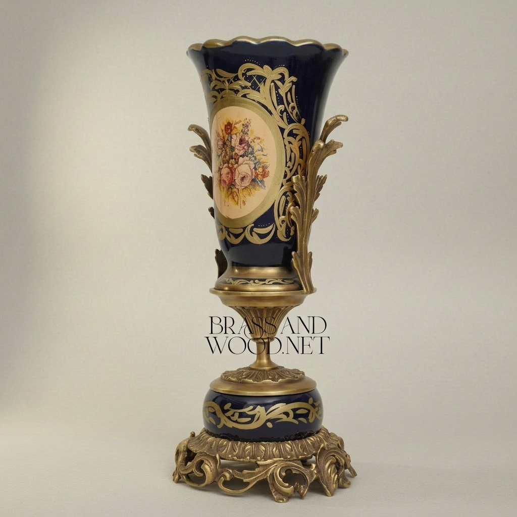 Sèvres-Style Cobalt Ceramic Trophy Vase with Gilt Brass Acanthus Mounts — Antique Gold
