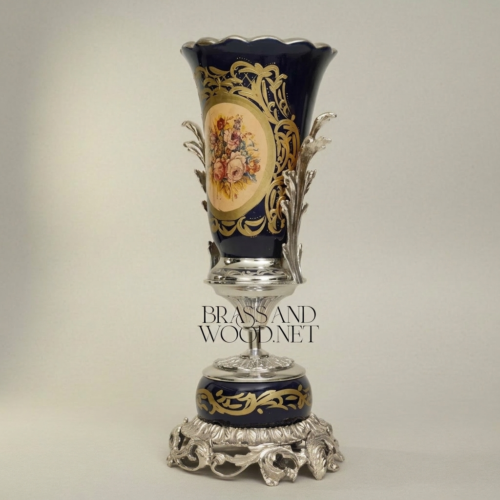 Sèvres-Style Cobalt Ceramic Trophy Vase with Gilt Brass Acanthus Mounts — Silver