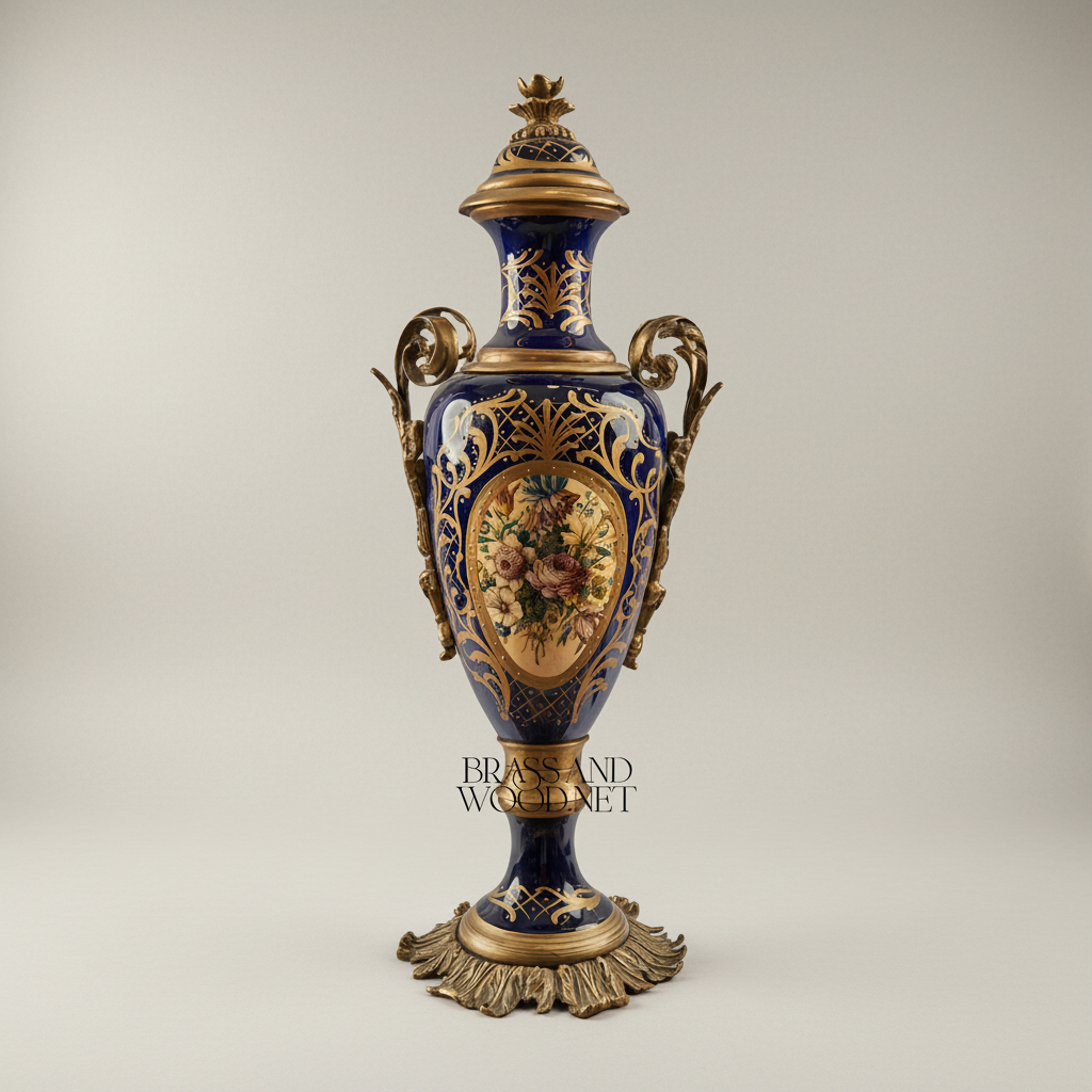 Sèvres-Style Cobalt Porcelain & Brass Garniture Set – Hand-Painted Floral Cartouches with Gilt Mounts — Antique Gold