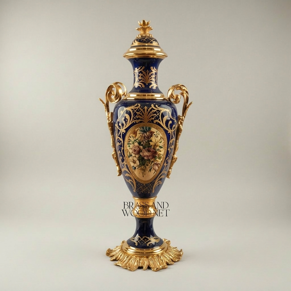 Sèvres-Style Cobalt Porcelain & Brass Garniture Set – Hand-Painted Floral Cartouches with Gilt Mounts