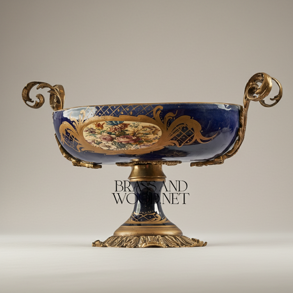Sèvres-Style Cobalt Porcelain & Brass Garniture Set – Hand-Painted Floral Cartouches with Gilt Mounts — Antique Gold