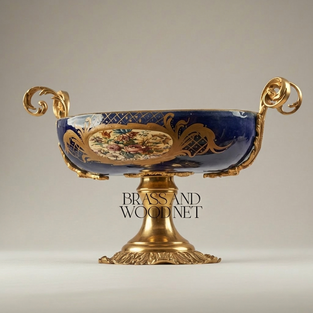 Sèvres-Style Cobalt Porcelain & Brass Garniture Set – Hand-Painted Floral Cartouches with Gilt Mounts