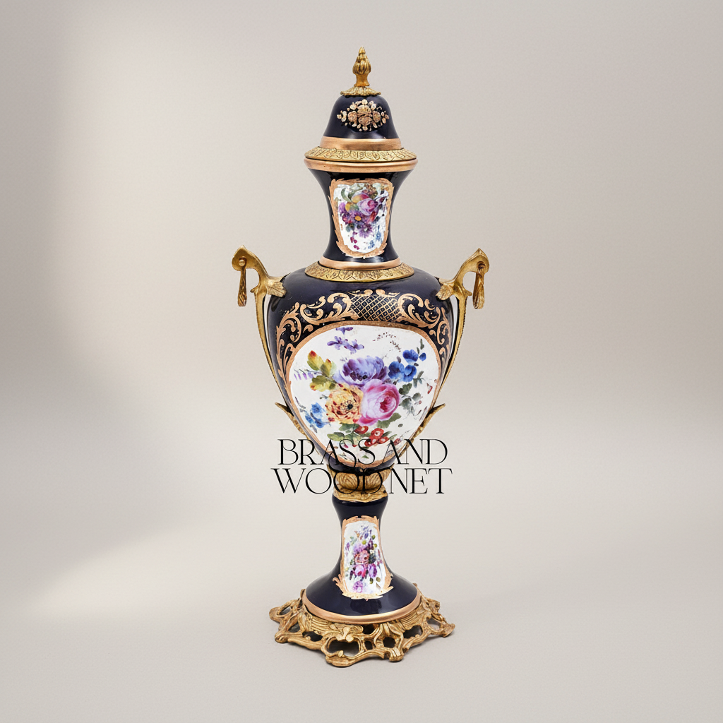 Sèvres-Style Cobalt Porcelain & Brass Vase Set – Hand-Painted Floral Garniture de Cheminée — Antique Gold