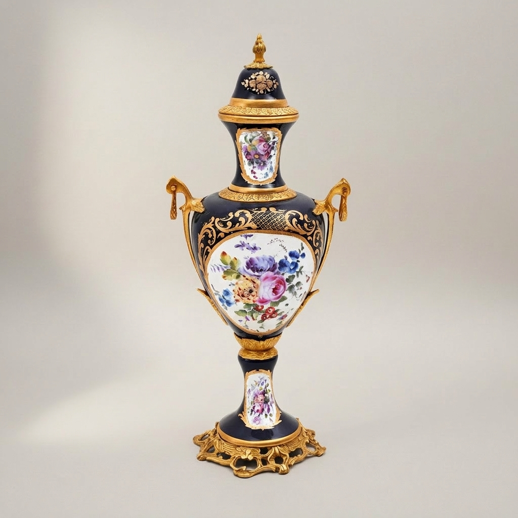 Sèvres-Style Cobalt Porcelain & Brass Vase Set – Hand-Painted Floral Garniture de Cheminée — Gold