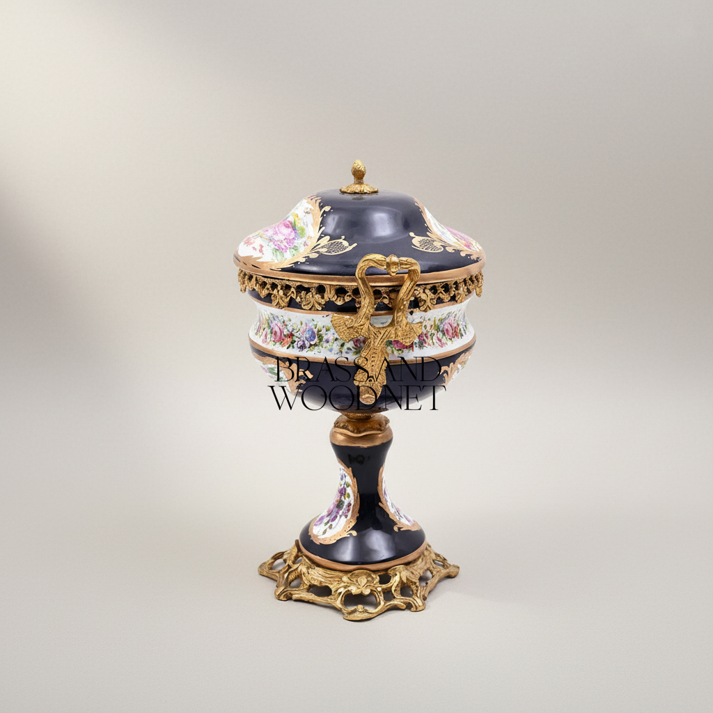 Sèvres-Style Cobalt Porcelain & Brass Vase Set – Hand-Painted Floral Garniture de Cheminée — Antique Gold