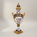 Sèvres-Style Cobalt Porcelain & Brass Vase Set – Hand-Painted Floral Garniture de Cheminée