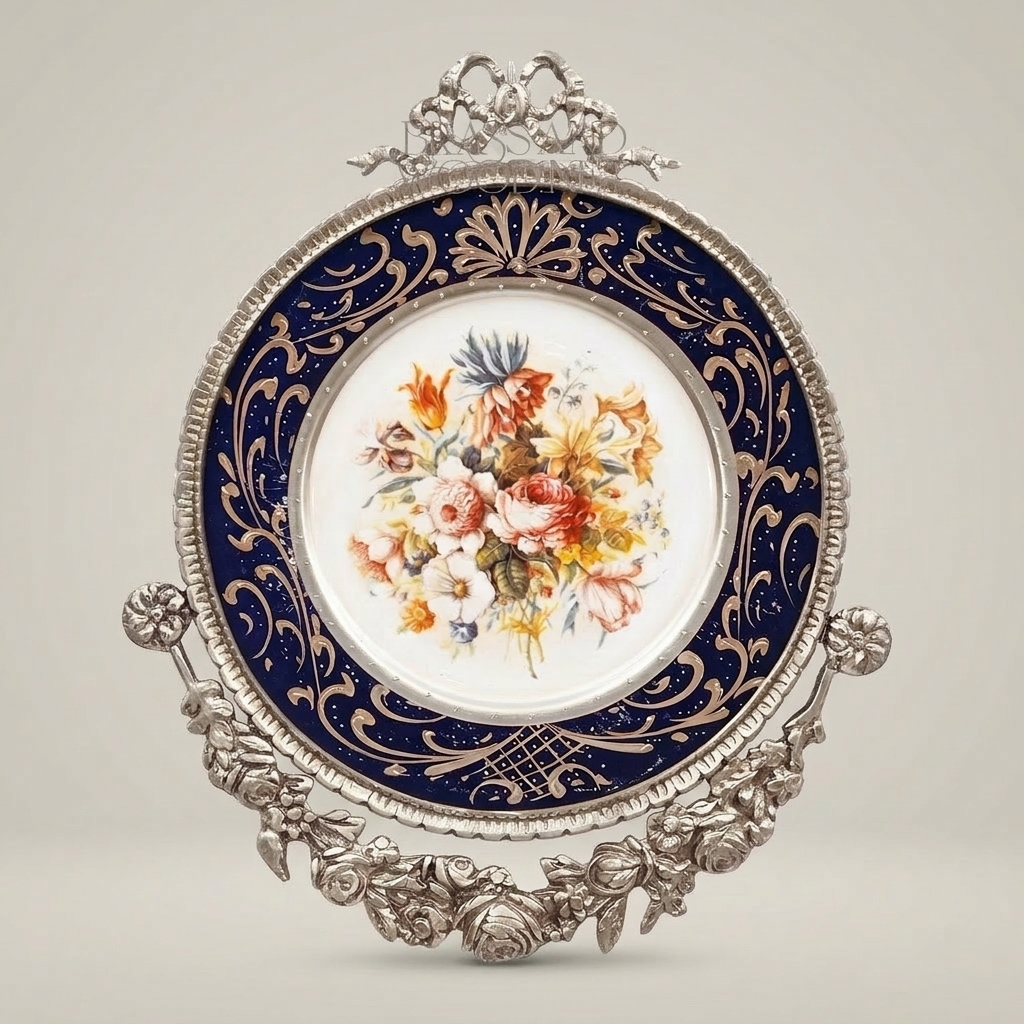 Sèvres-Style Cobalt Porcelain Decorative Wall Plate with Gilt Brass Floral Frame — Silver