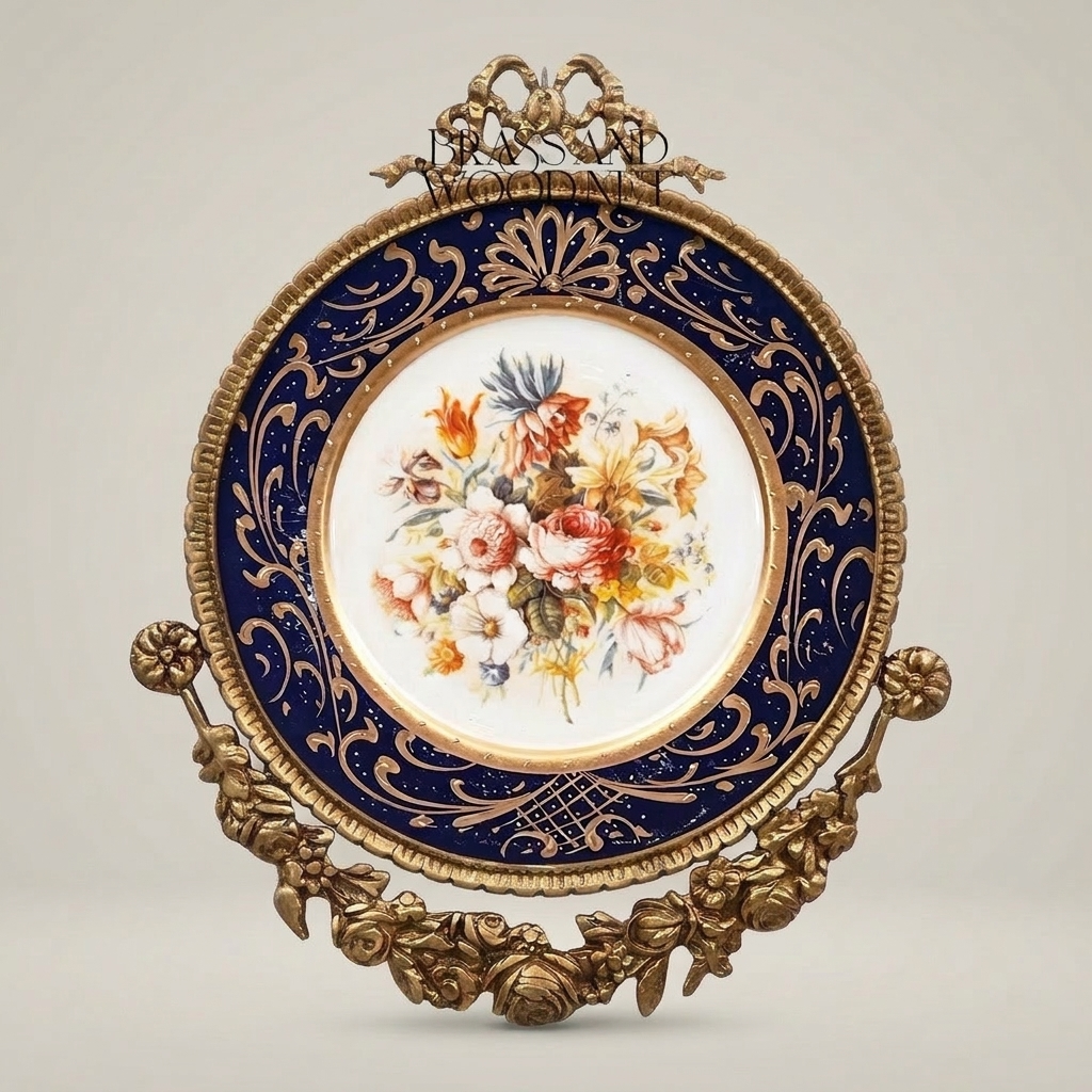 Sèvres-Style Cobalt Porcelain Decorative Wall Plate with Gilt Brass Floral Frame — Antique Gold