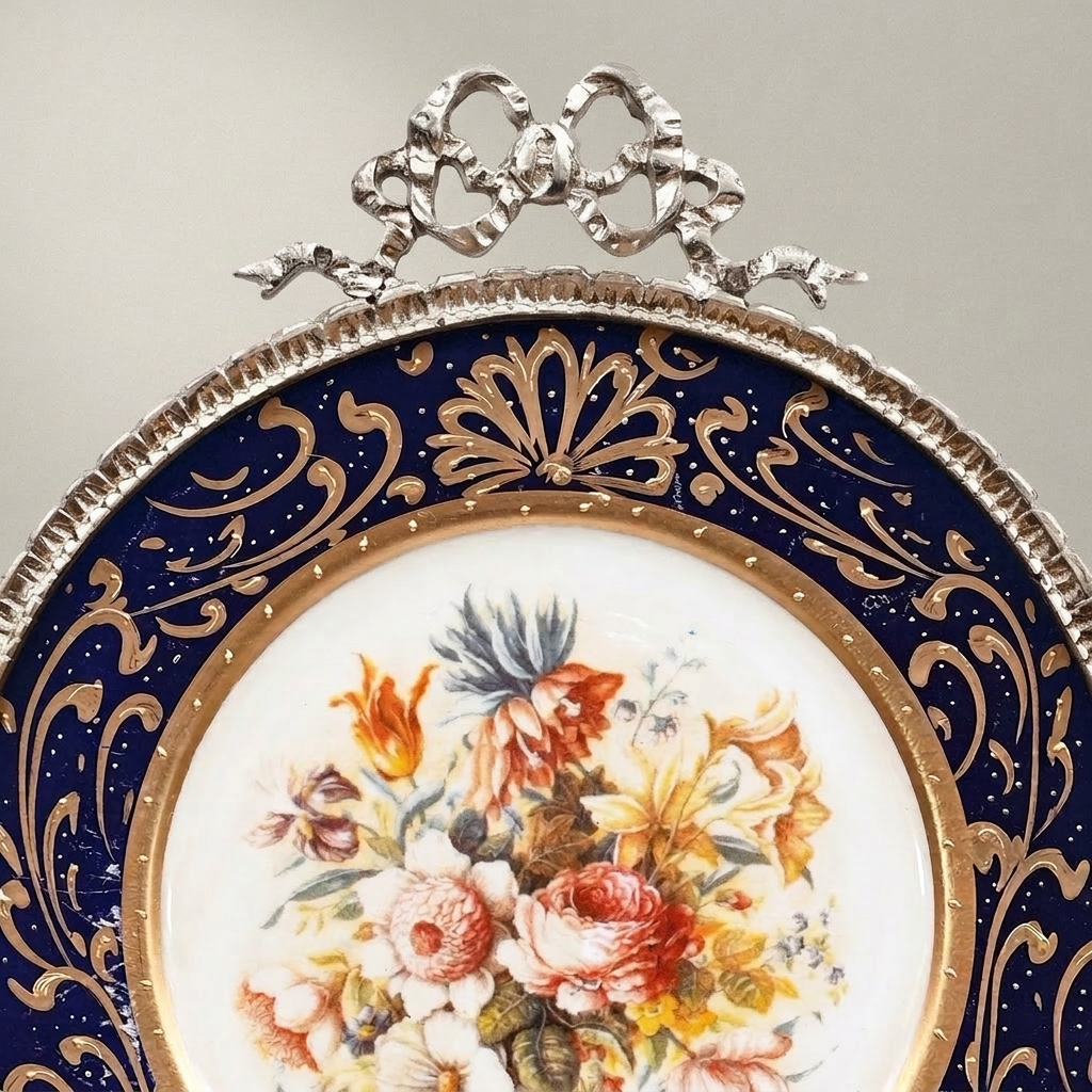 Sèvres-Style Cobalt Porcelain Decorative Wall Plate with Gilt Brass Floral Frame — Silver